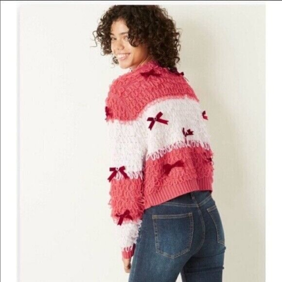 Mighty Fine Women's Size XS Red and White Striped Christmas Sweater w Bows - Picture 2 of 12